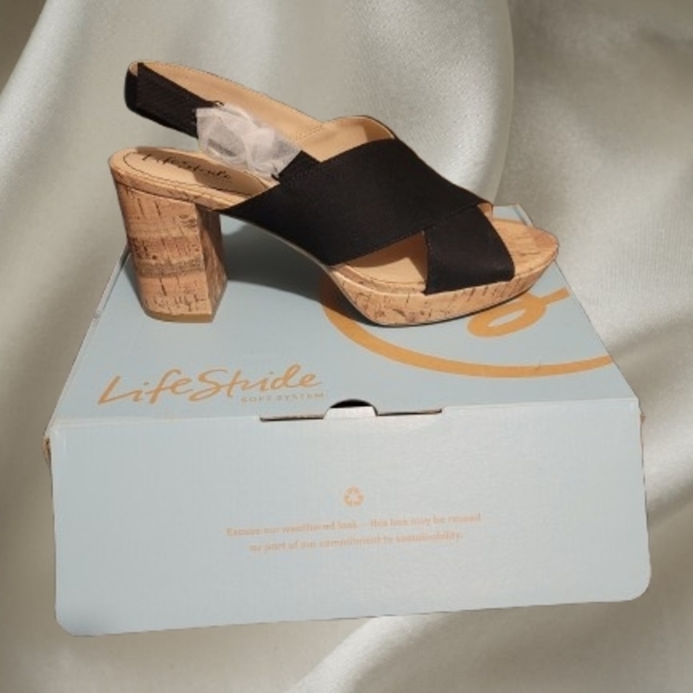 Life Stride Black Cork Heel Sandals